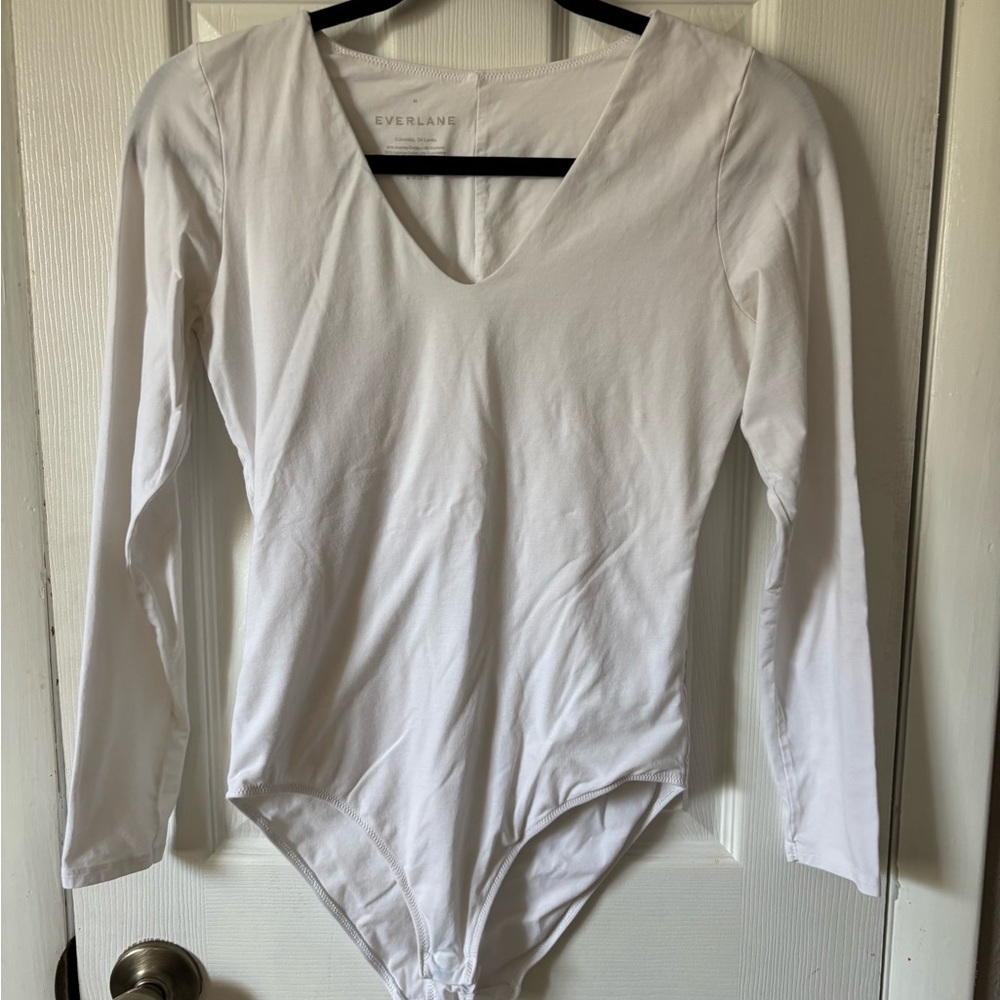 Everlane White Long Sleeve V Neck Bodysuit